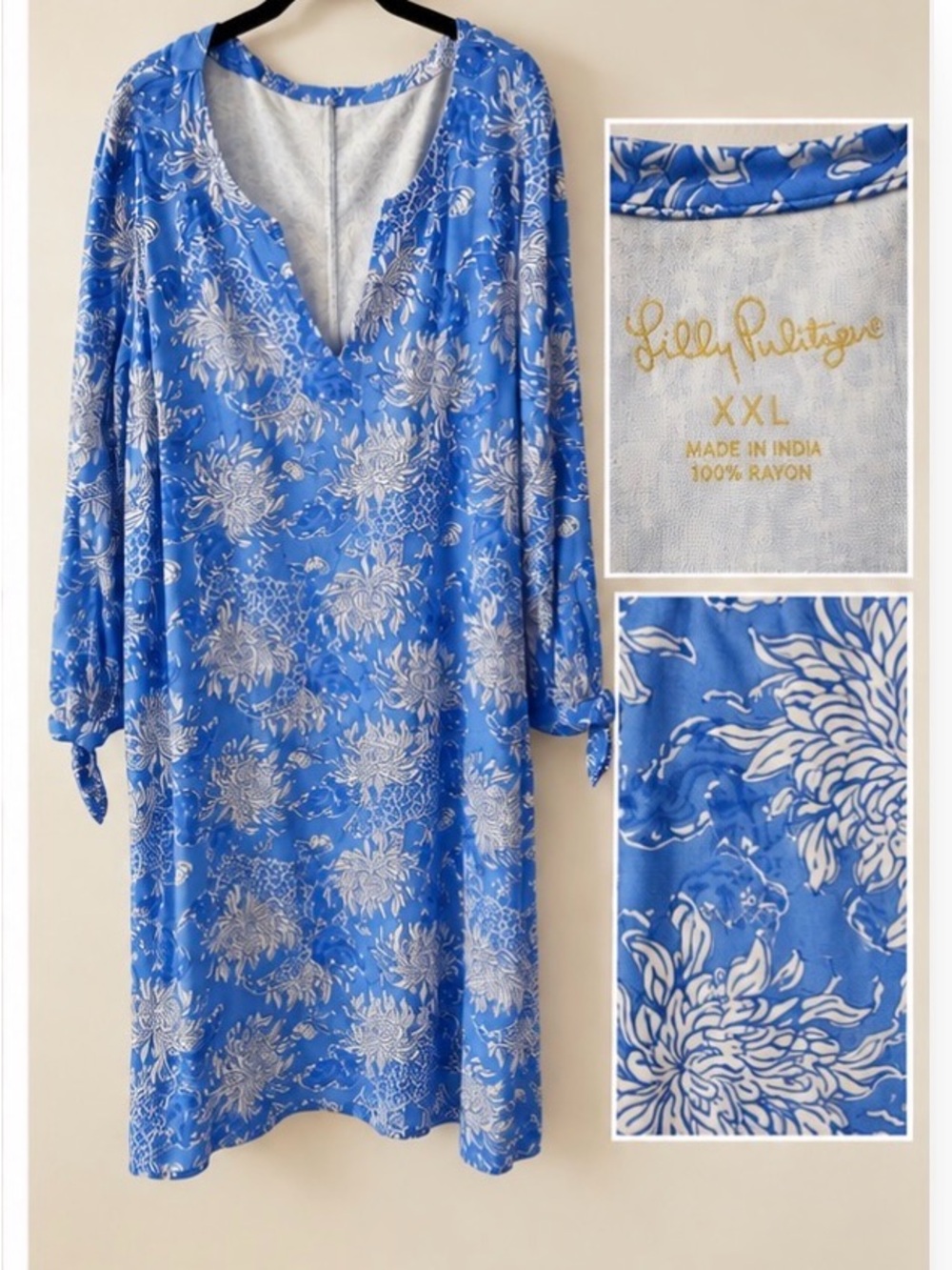 Lilly Pulitzer Blue White Floral V-Neck Tunic Dress XXL